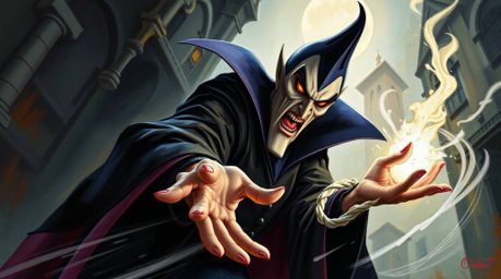A classic Disney villain with sharp features casts a spell within a gothic castle. This dynamic image, rendered in a classic