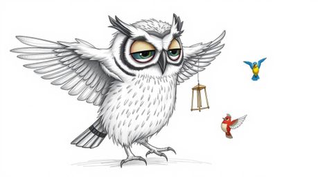 A charming hand-drawn sketch depicts a blind owl, rendered in a Pixar style, patiently teaching small, colorful birds how to 