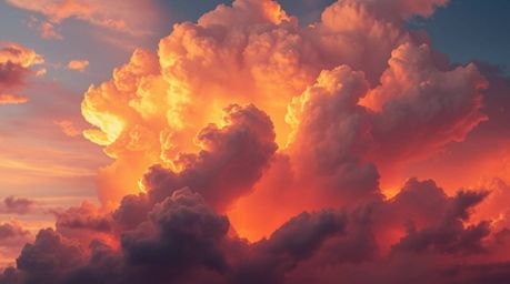 This digital painting captures a dramatic sunset-lit thunderstorm with vivid electric colors. Volumetric lighting highlights 