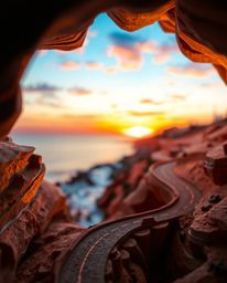 This image is an extreme macro close-up of a layered papier-mâché sculpture that portrays a sunset sky over a winding coastal