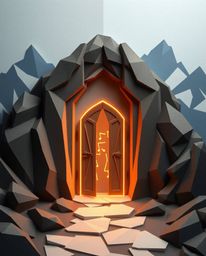 Explore a mesmerizing digital painting crafted in an intricate origami style, depicting an ancient doorway aglow with mystica