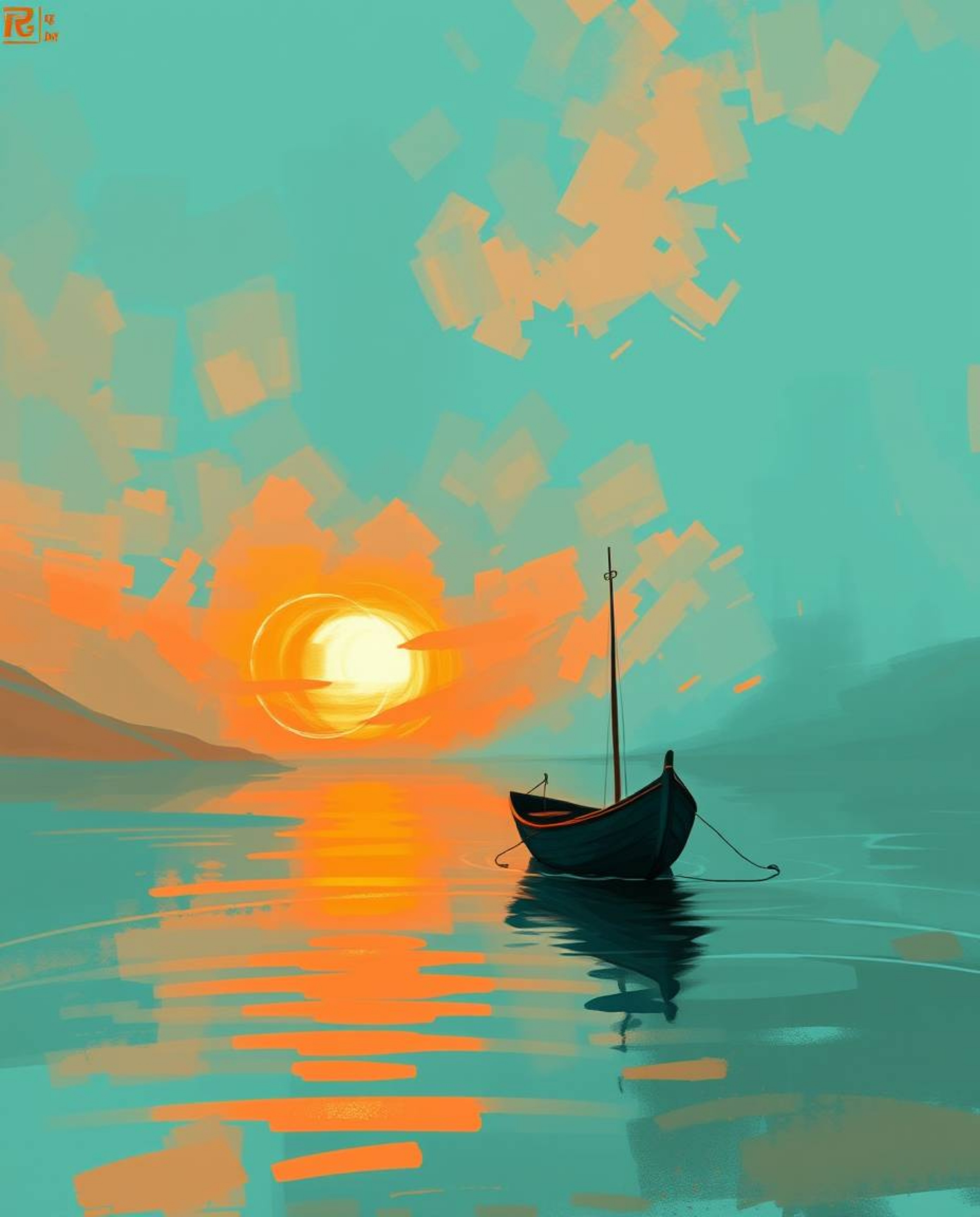 A digital sketch depicts a boat drifting on a lake at sunset, rendered with loose painterly strokes in a rough, dynamic style