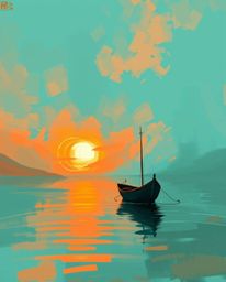A digital sketch depicts a boat drifting on a lake at sunset, rendered with loose painterly strokes in a rough, dynamic style