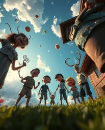 Experience a heartwarming family reunion reimagined in a dreamlike, surreal Pixar style. This low-angle perspective showcases