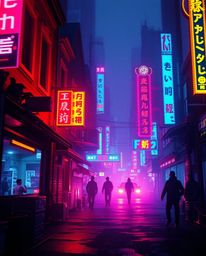 Immerse yourself in a pixelated cyberpunk street scene, bathed in neon haze and a mystical aura.  Rich textures and complemen