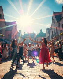 A captivating musical number unfolds in a bright town square, bursting with vibrant colors and dynamic light streaks.  The sc