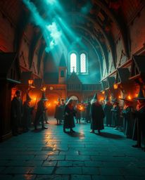 Step into a magical school brimming with young wizards, where the warmth of terracotta hues harmonizes with cool teal tones. 