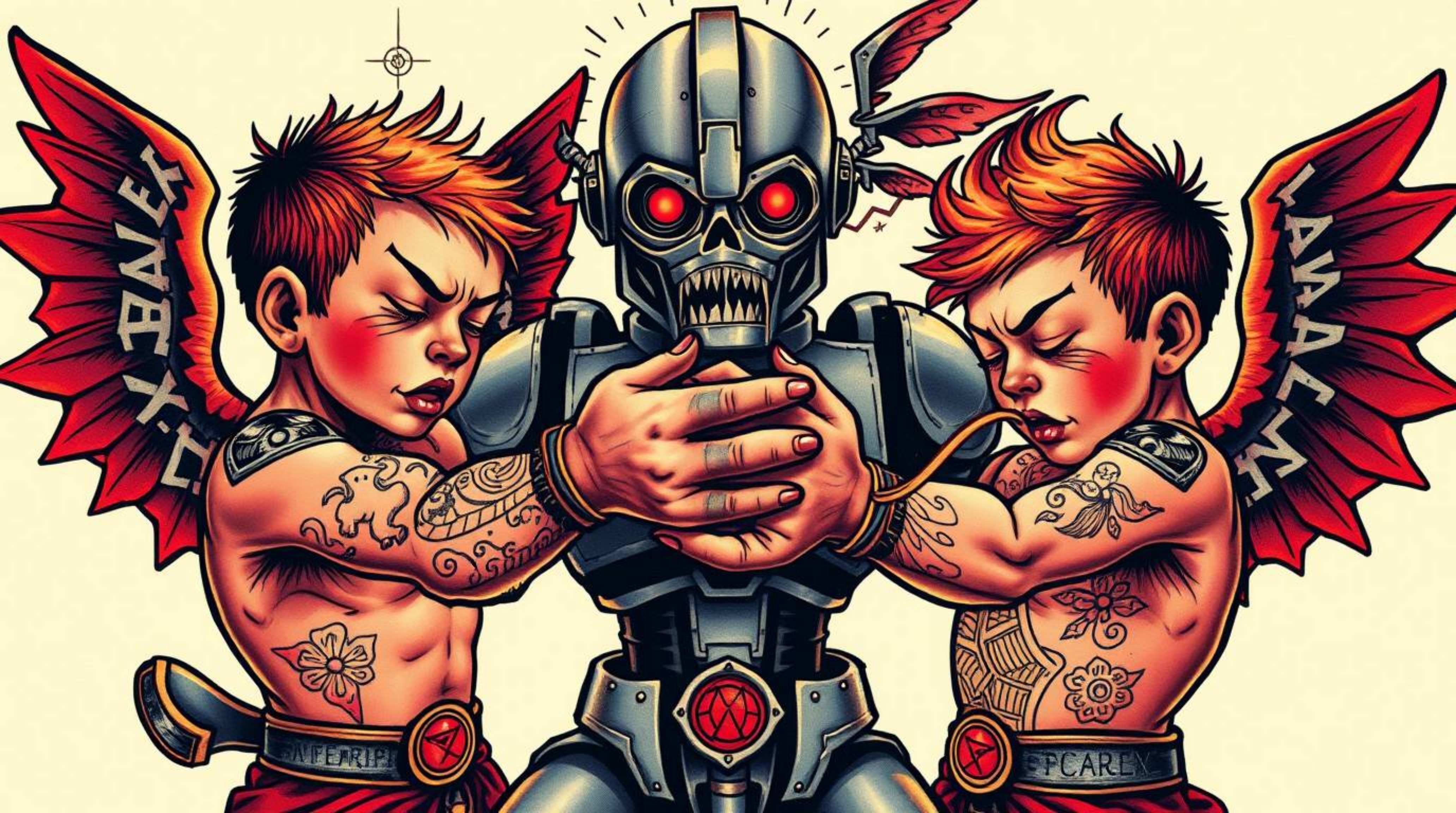 A captivating close-up showcases a symbolic traditional tattoo art print depicting three superpowered children engaged in an 