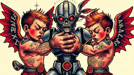 A captivating close-up showcases a symbolic traditional tattoo art print depicting three superpowered children engaged in an 