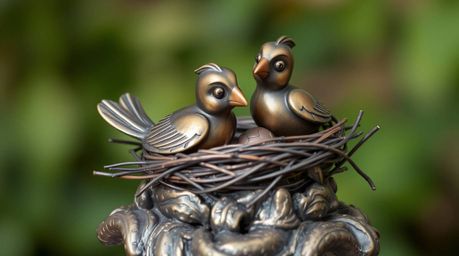 This cast bronze sculpture captures the whimsical charm of two cartoon birds diligently building a nest in a classic animatio