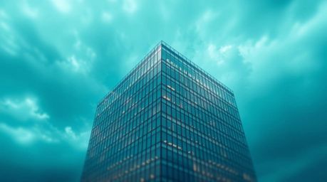 A modern glass building seamlessly merges with a rich teal sky, soft clouds blurring the lines between architecture and the a