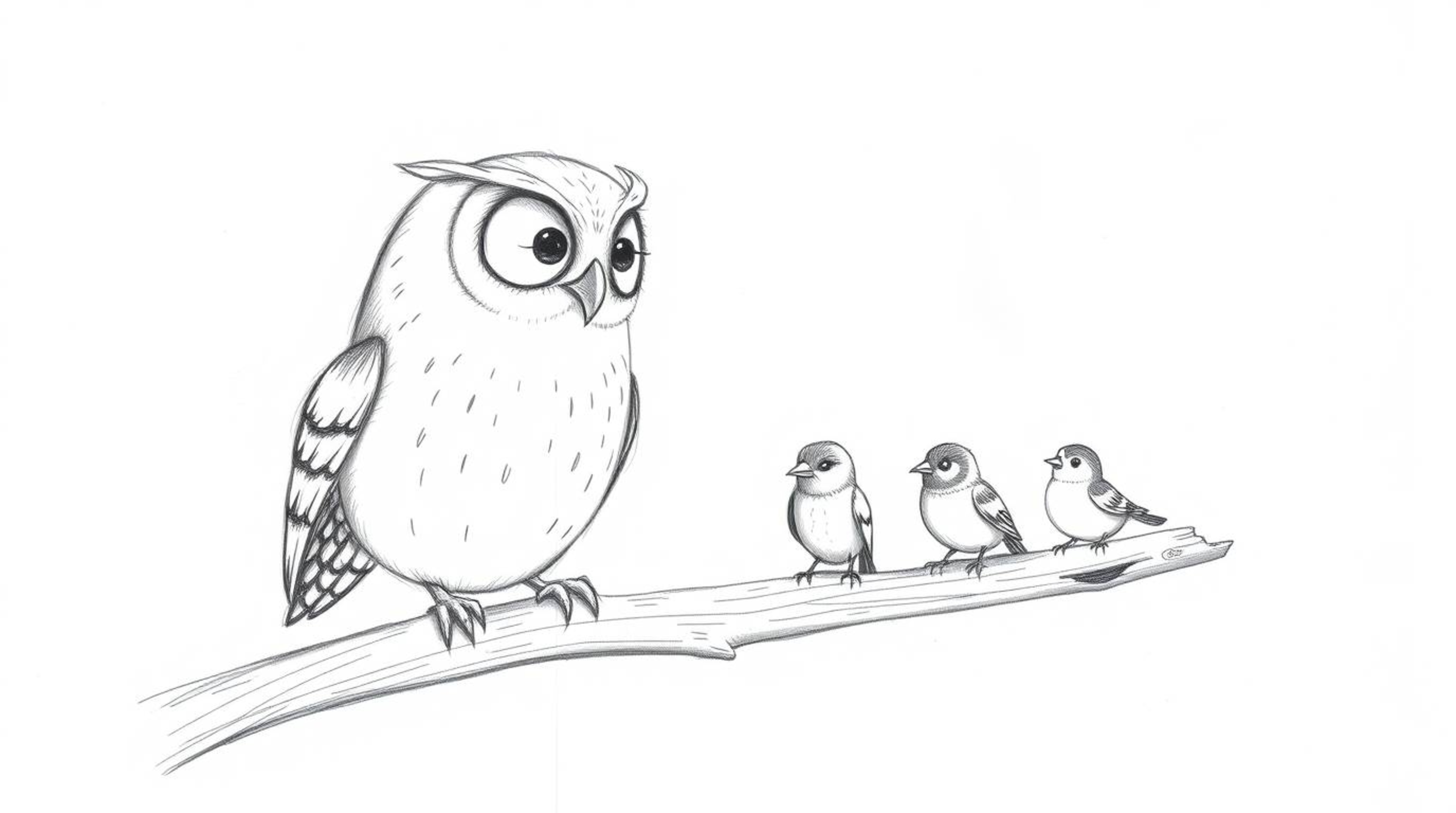 A hand-drawn pencil sketch in a Pixar style depicting a blind owl with smooth, rounded features demonstrating flight to a gro