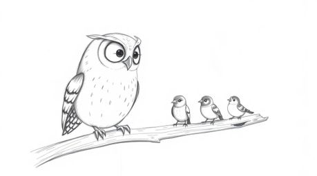 A hand-drawn pencil sketch in a Pixar style depicting a blind owl with smooth, rounded features demonstrating flight to a gro