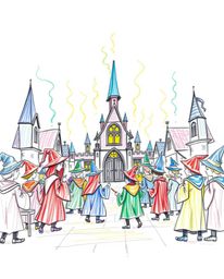 A captivating hand-drawn sketch depicts a magical school teeming with young wizards, rendered in vibrant electric colors. The
