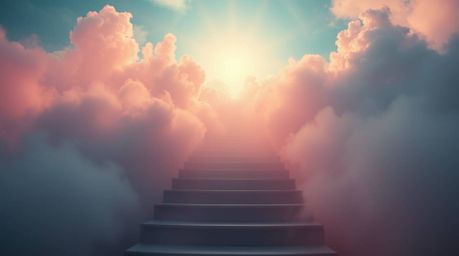 Explore a dreamy and surreal photograph depicting a stairway ascending through smoky clouds toward a celestial light, symboli