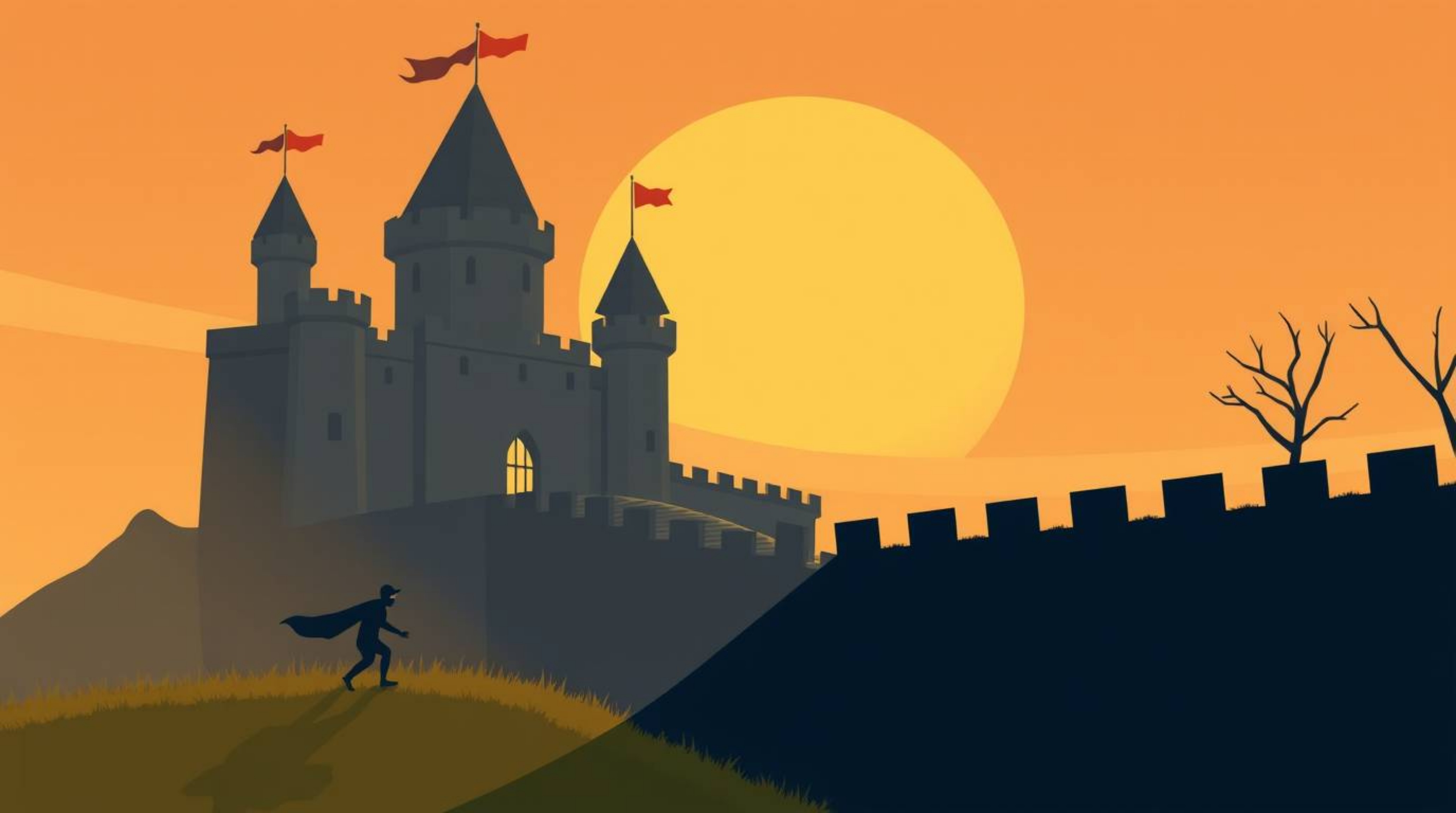 This artwork features a thief attempting to infiltrate a heavily guarded castle, rendered in a modern flat design style. The 