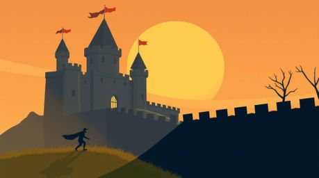 This artwork features a thief attempting to infiltrate a heavily guarded castle, rendered in a modern flat design style. The 