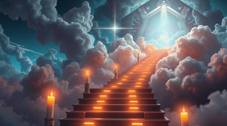 A futuristic sci-fi illustration depicting a surreal stairway ascending through smoky clouds towards a radiant celestial ligh