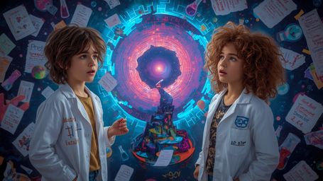 In a vibrant, cinematic photograph rendered in a stylized, Pixar-inspired aesthetic, two diverse, enthusiastic science fair s