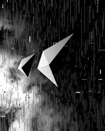 Experience a dramatic black and white vision of glitched geometric shapes adrift in a stormy cyberspace matrix. This image ev