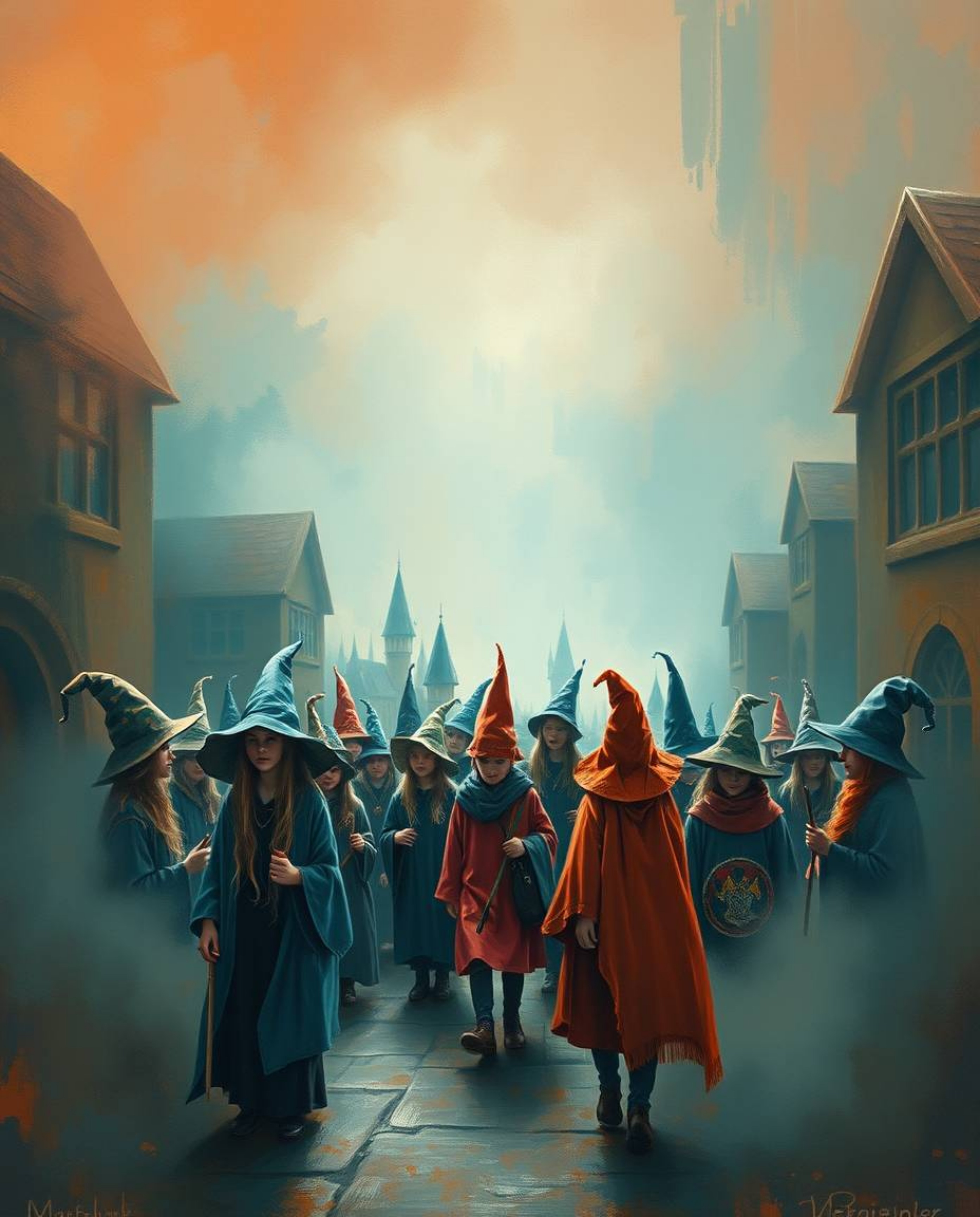 A magical school brimming with young wizards, brought to life through bold acrylic painting employing a warm terracotta and c