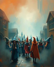 A magical school brimming with young wizards, brought to life through bold acrylic painting employing a warm terracotta and c