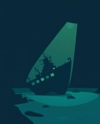 Discover a captivating image of a deep-sea shipwreck, rendered in a modern flat design style.  The artwork uses simple, two-d