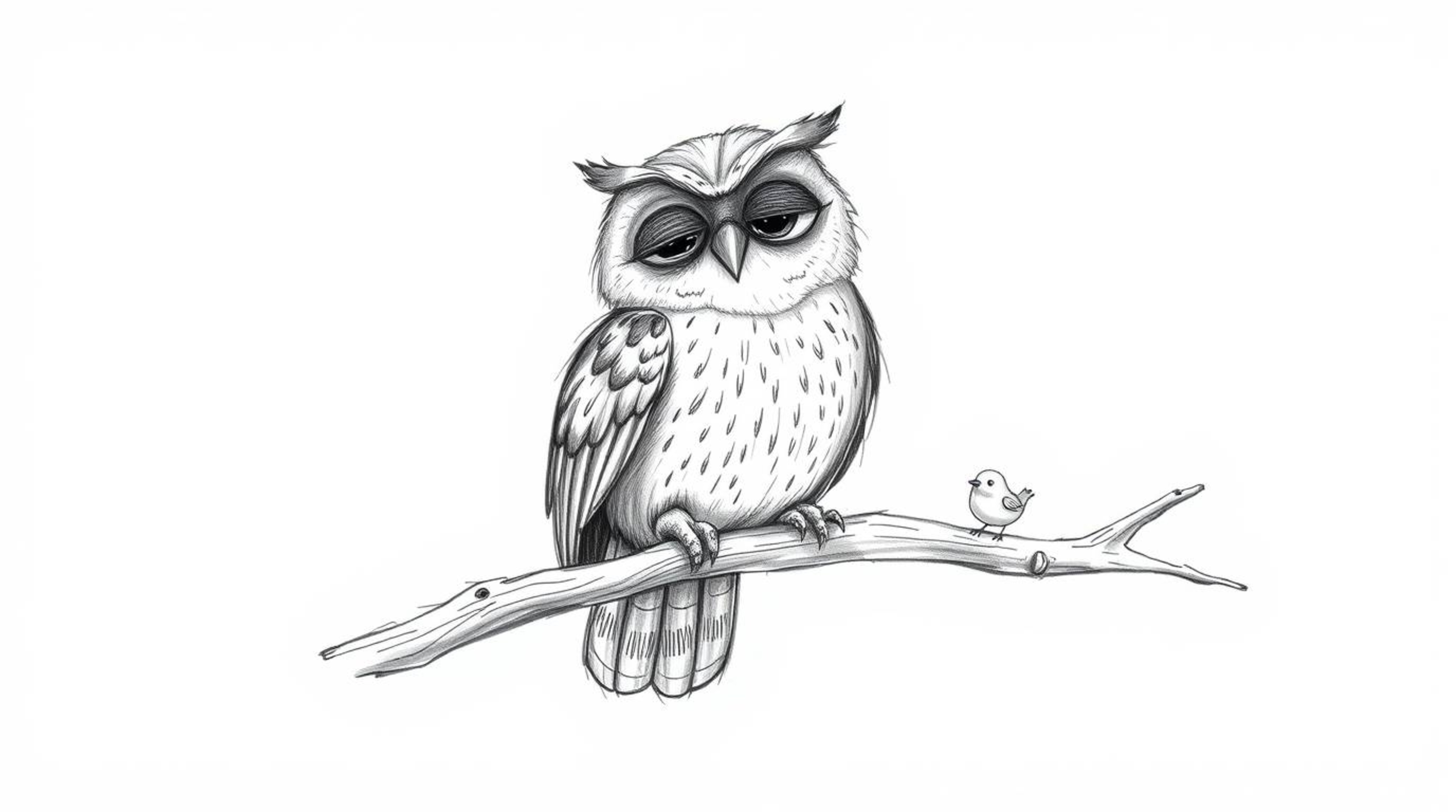 A hand-drawn pencil sketch depicts a blind owl in a Pixar-esque style, ingeniously teaching birds to fly.  The owl taps its w