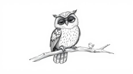 A hand-drawn pencil sketch depicts a blind owl in a Pixar-esque style, ingeniously teaching birds to fly.  The owl taps its w