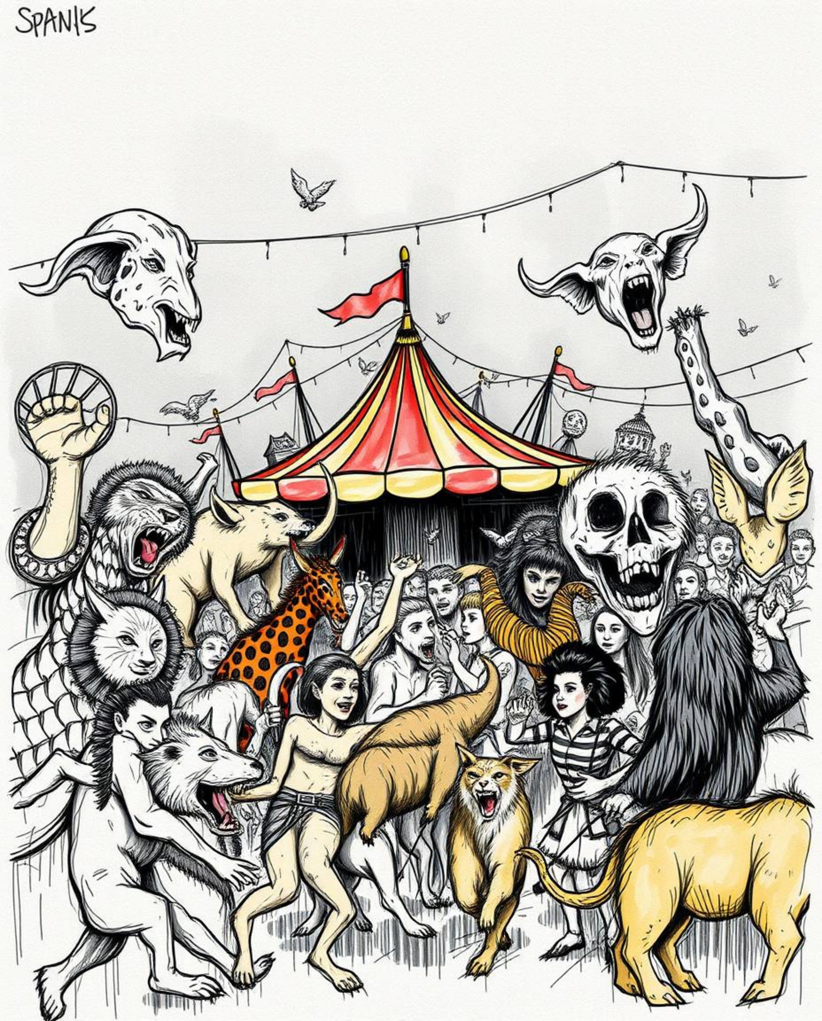 A captivating hand-drawn sketch in a strong, moody color sketchnote style depicts a carnival dramatically overtaken by wild a