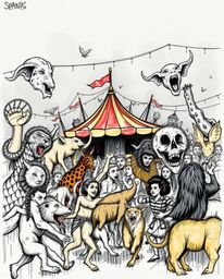 A captivating hand-drawn sketch in a strong, moody color sketchnote style depicts a carnival dramatically overtaken by wild a