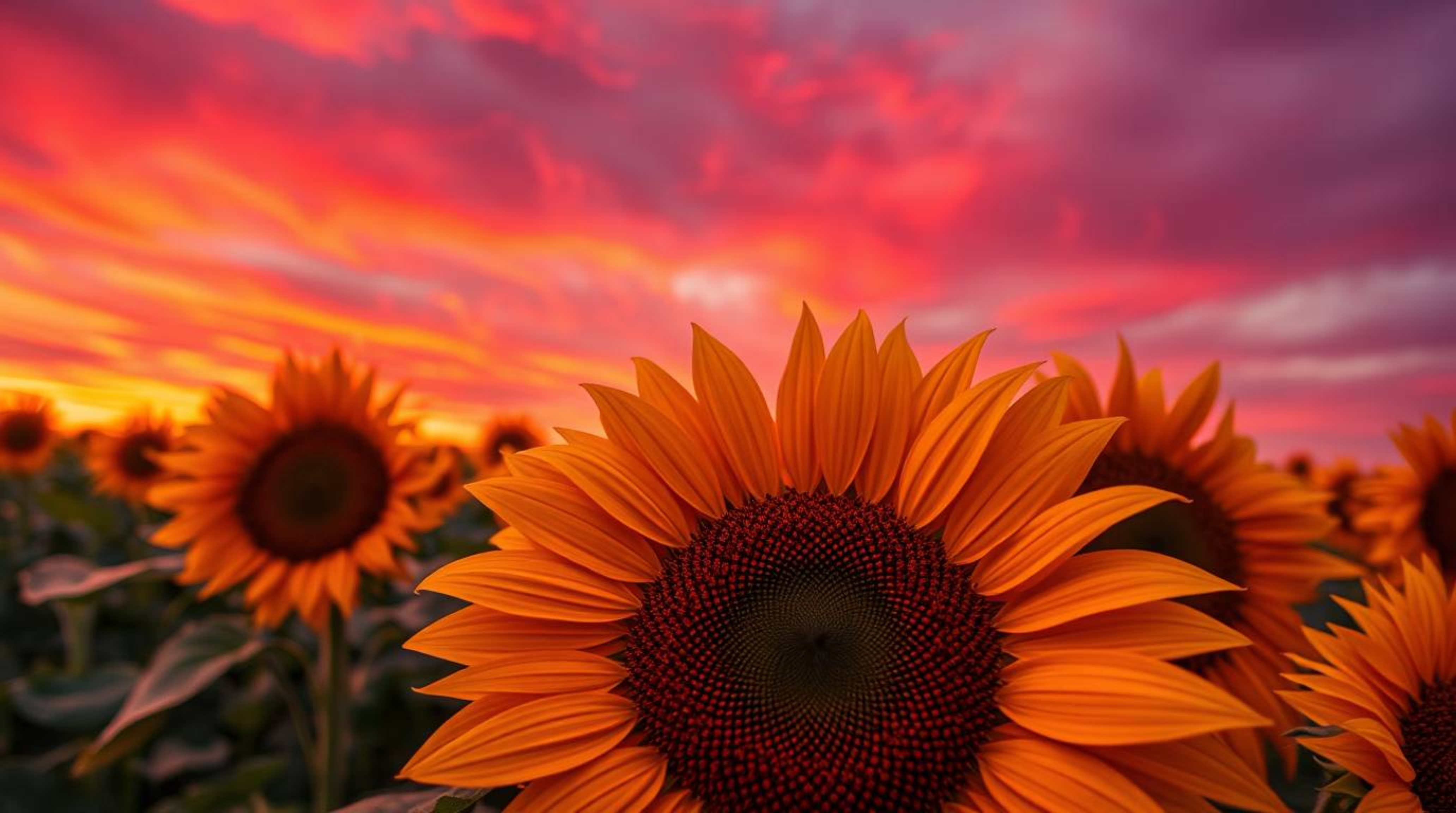 An extreme macro close-up reveals breathtaking detail in a bronze sculpture depicting a sunflower field bathed in the vibrant