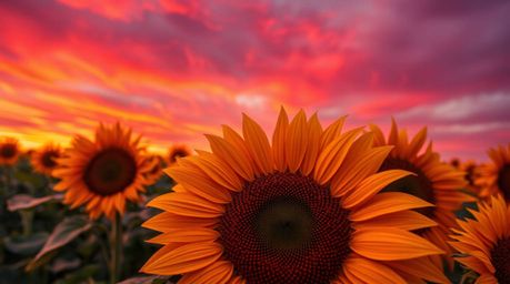An extreme macro close-up reveals breathtaking detail in a bronze sculpture depicting a sunflower field bathed in the vibrant