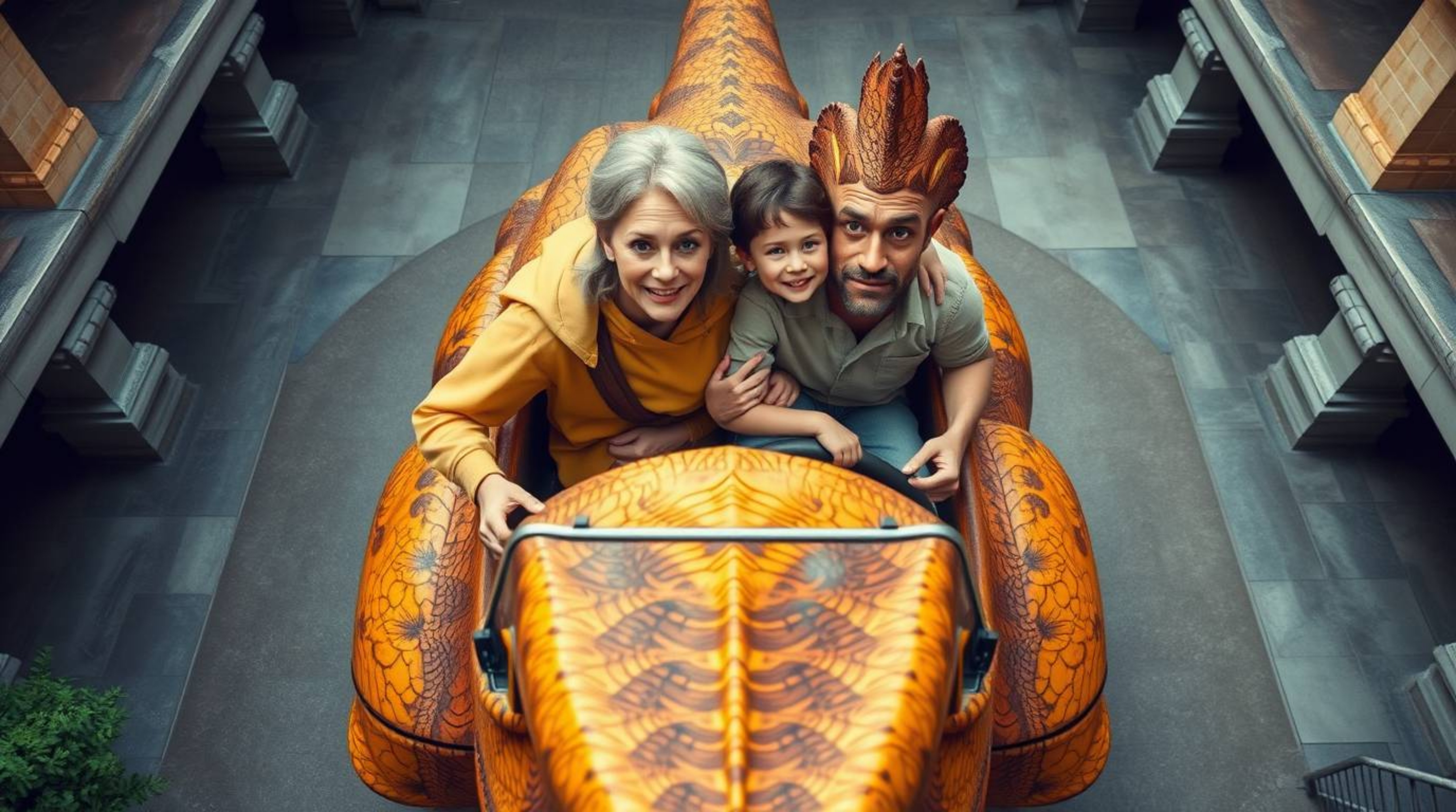 A captivating overhead shot reveals a prehistoric family with striking facial features and light brown skin, joyously riding 