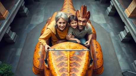 A captivating overhead shot reveals a prehistoric family with striking facial features and light brown skin, joyously riding 