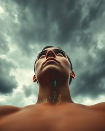 A captivating low-angle shot showcases a digital glitch effect dramatically transforming a human face into a flowing data str