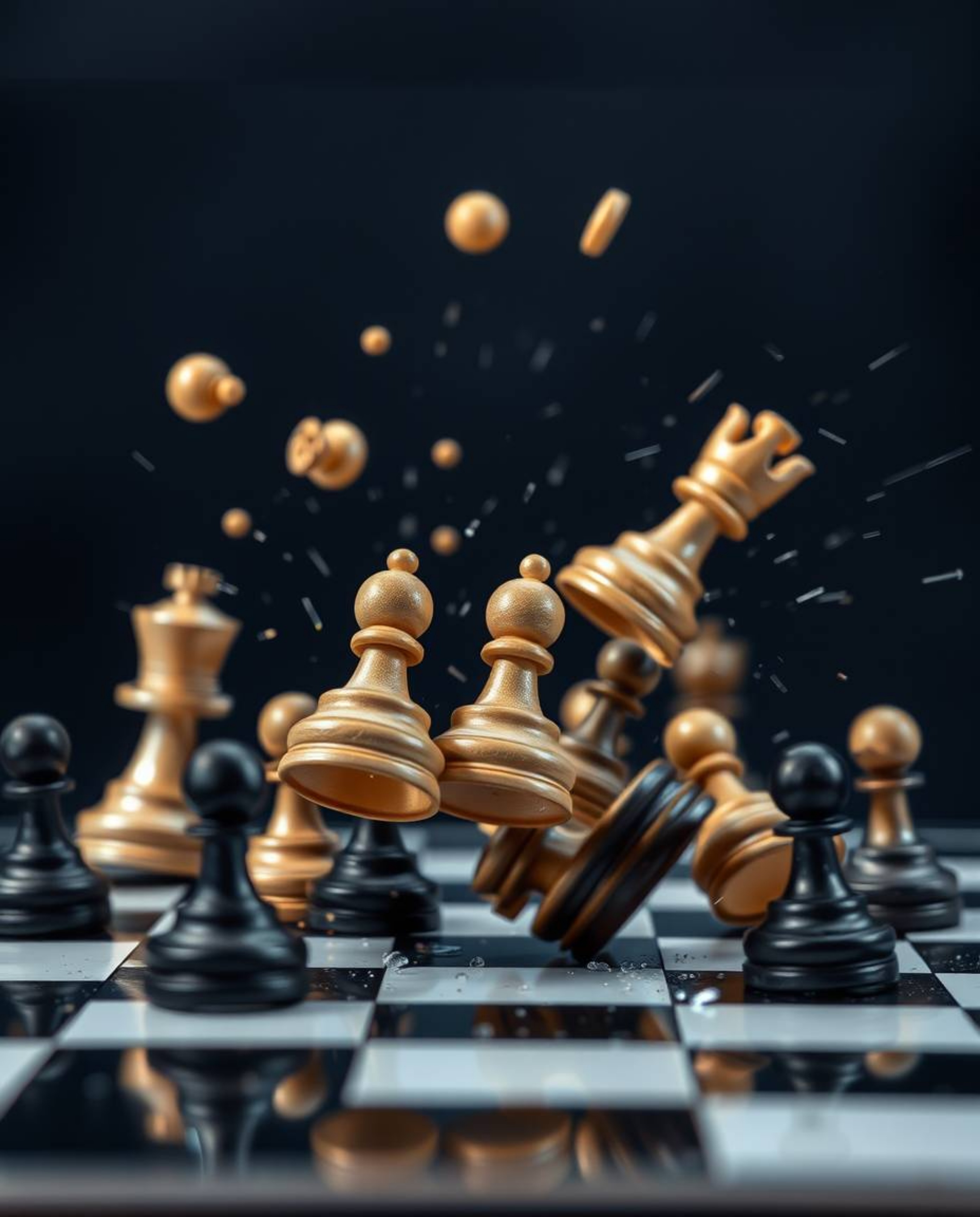 This high-resolution stock photo captures a chessboard in a state of frozen destruction, with pieces suspended mid-air in dyn