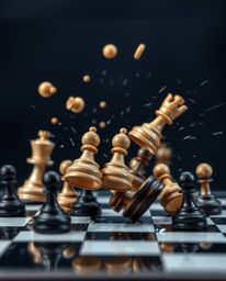 This high-resolution stock photo captures a chessboard in a state of frozen destruction, with pieces suspended mid-air in dyn
