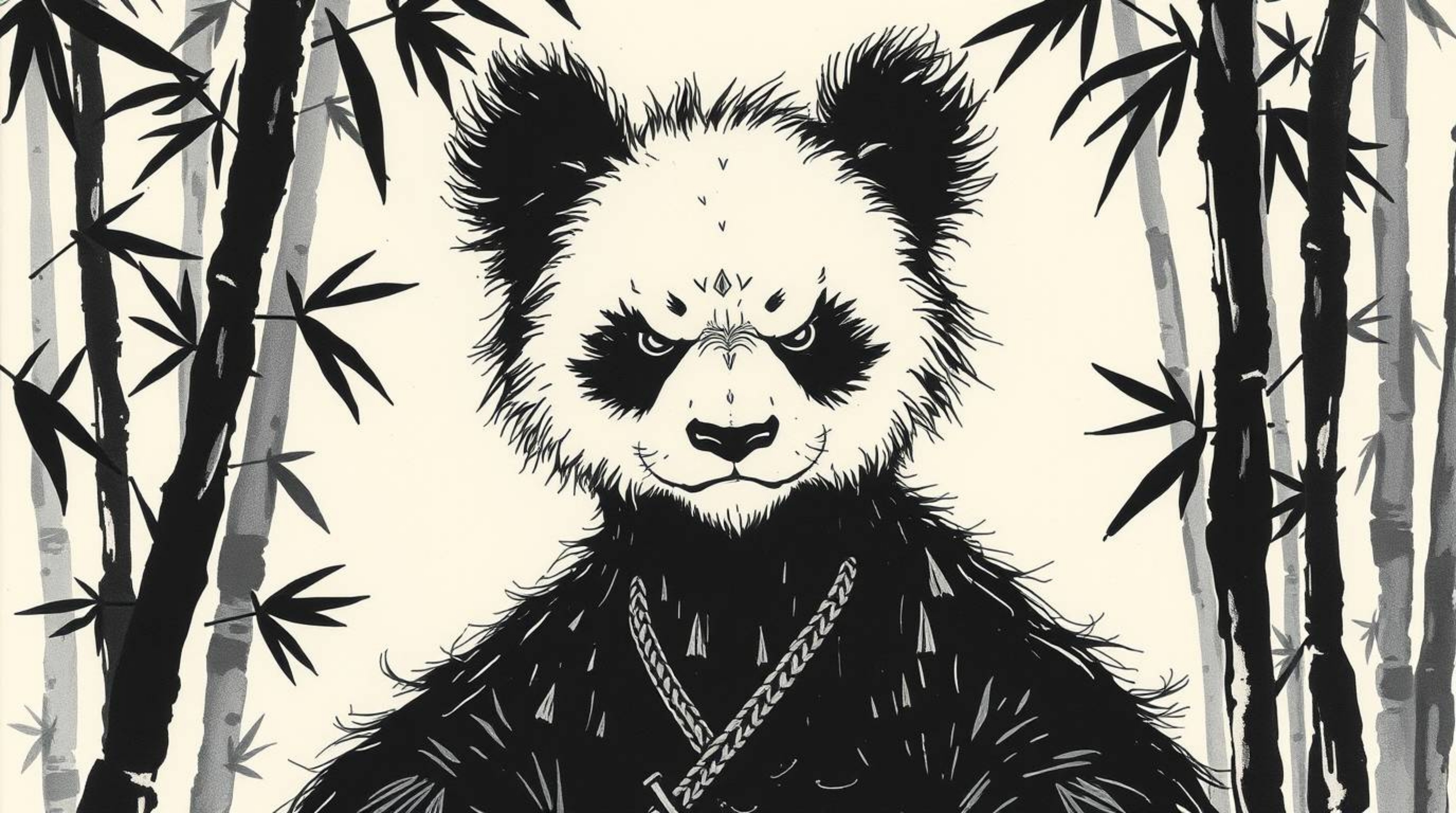 A striking image of a martial artist panda, with an intense gaze and deep black fur, is captured meditating peacefully in a l