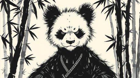 A striking image of a martial artist panda, with an intense gaze and deep black fur, is captured meditating peacefully in a l