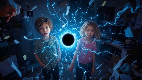 A vibrant, cinematic photo, depicted in a stylized, Pixar-esque manner, captures two enthusiastic science fair students amids