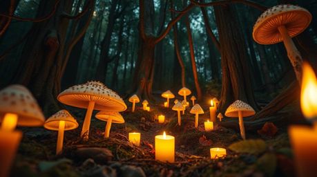 Immerse yourself in a vintage-style enchanted forest scene captured from a high angle perspective.  Glowing mushrooms illumin