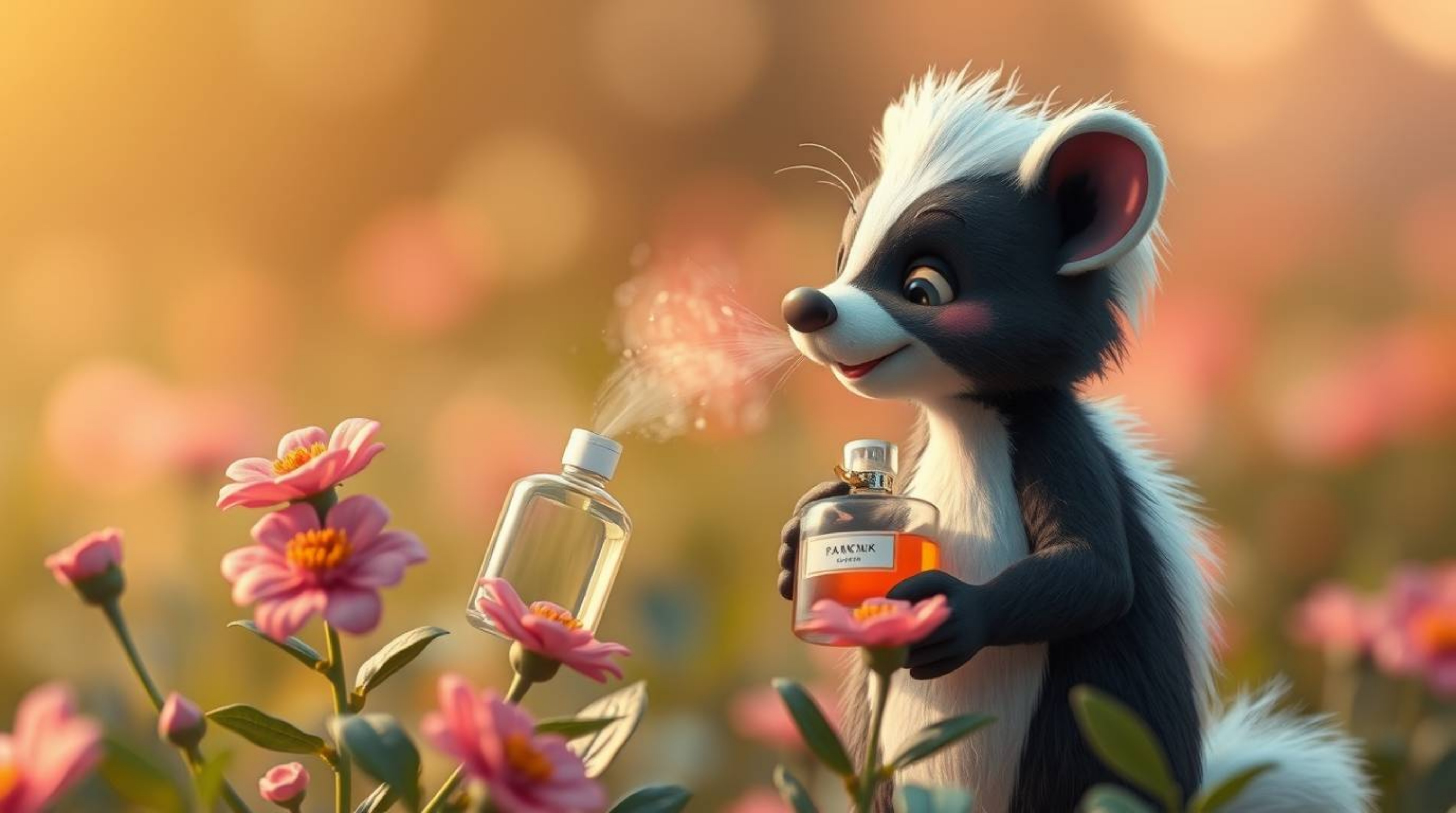 A charming cartoon skunk is depicted delicately spraying perfume onto a vibrant array of flowers, captured in a soft, cinemat