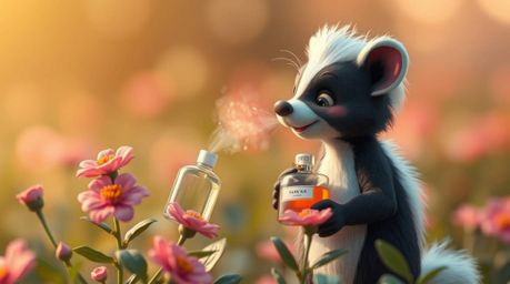 A charming cartoon skunk is depicted delicately spraying perfume onto a vibrant array of flowers, captured in a soft, cinemat