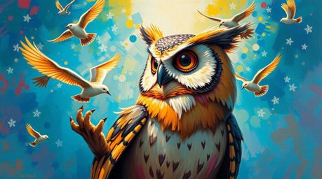 This vibrant acrylic painting depicts a blind owl, rendered in a charming Pixar style, guiding birds to fly.  The artwork fea