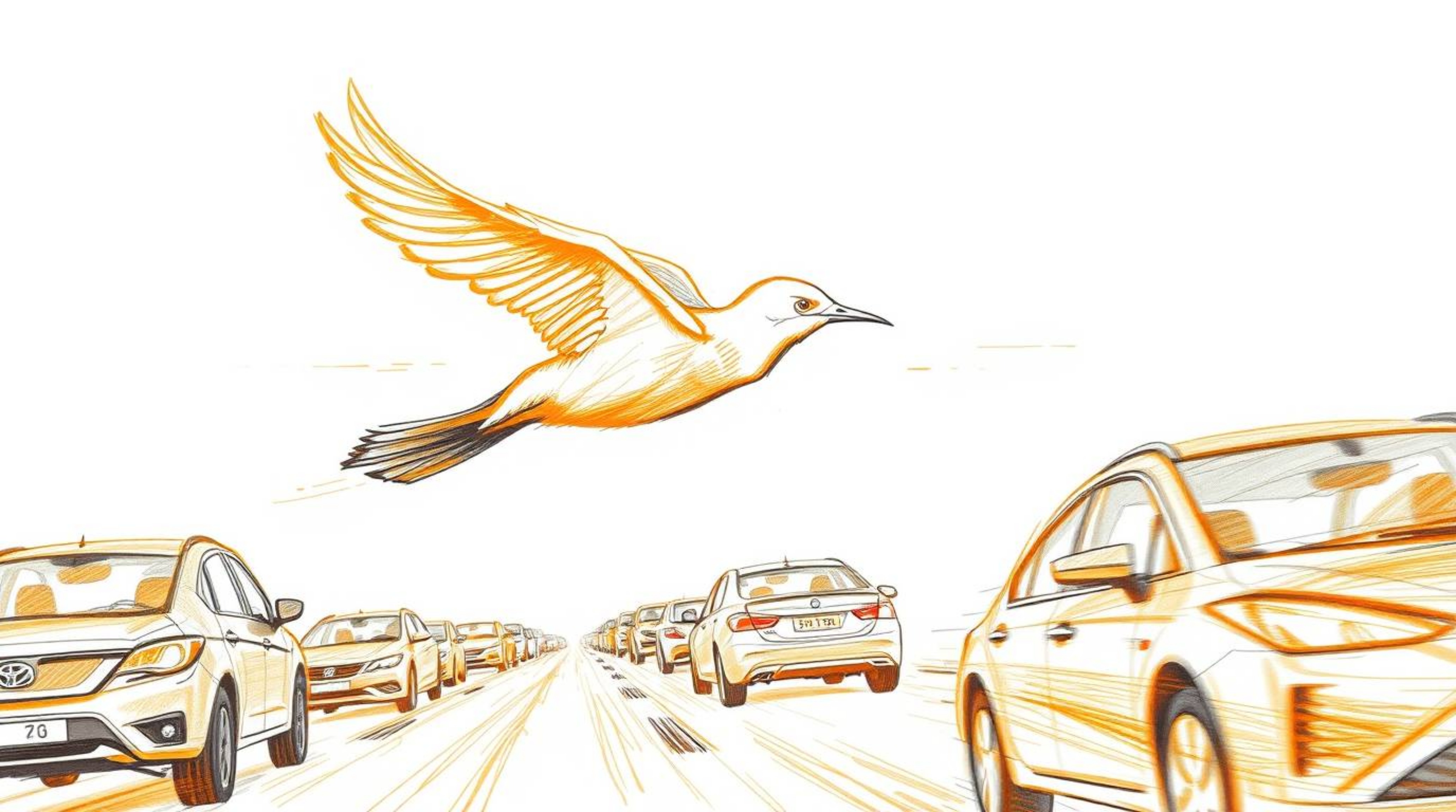 A dynamic hand-drawn sketch captures a fast-running bird zooming past lightly sketched traffic, rendered with rough textured 