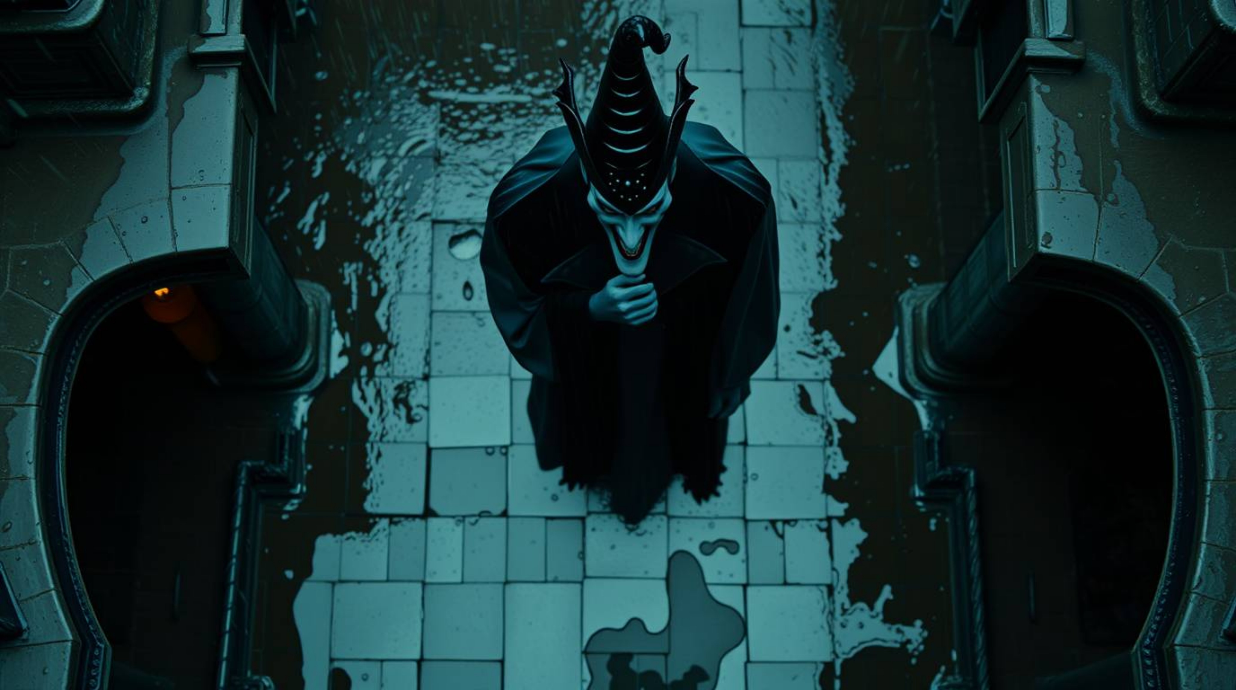 Overhead bird's eye view captures a wet, rainy scene with reflective surfaces, featuring a classic Disney villain casting a s