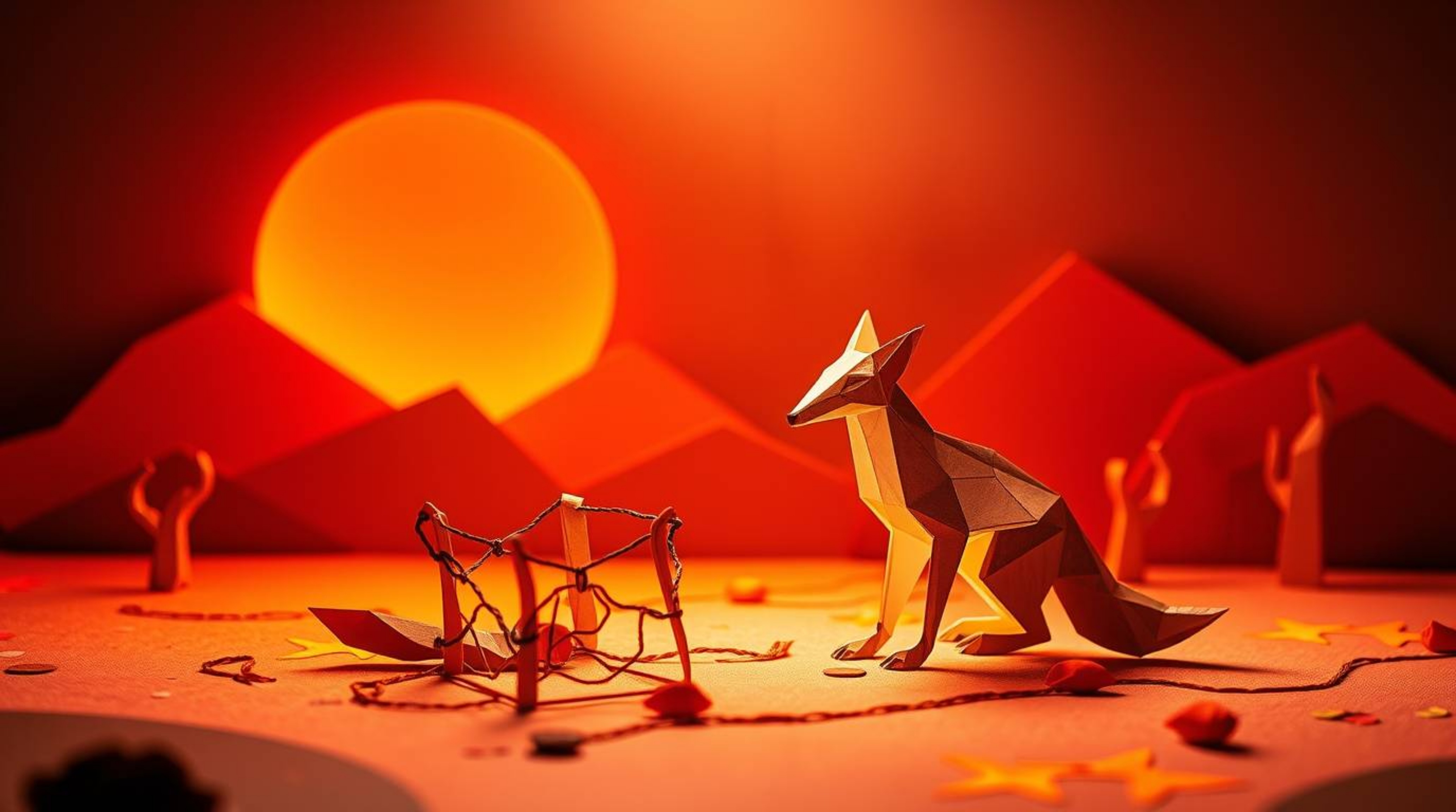 This stunning artwork depicts a coyote in a warm, intricate origami style, setting a ridiculous trap in a vibrant desert land