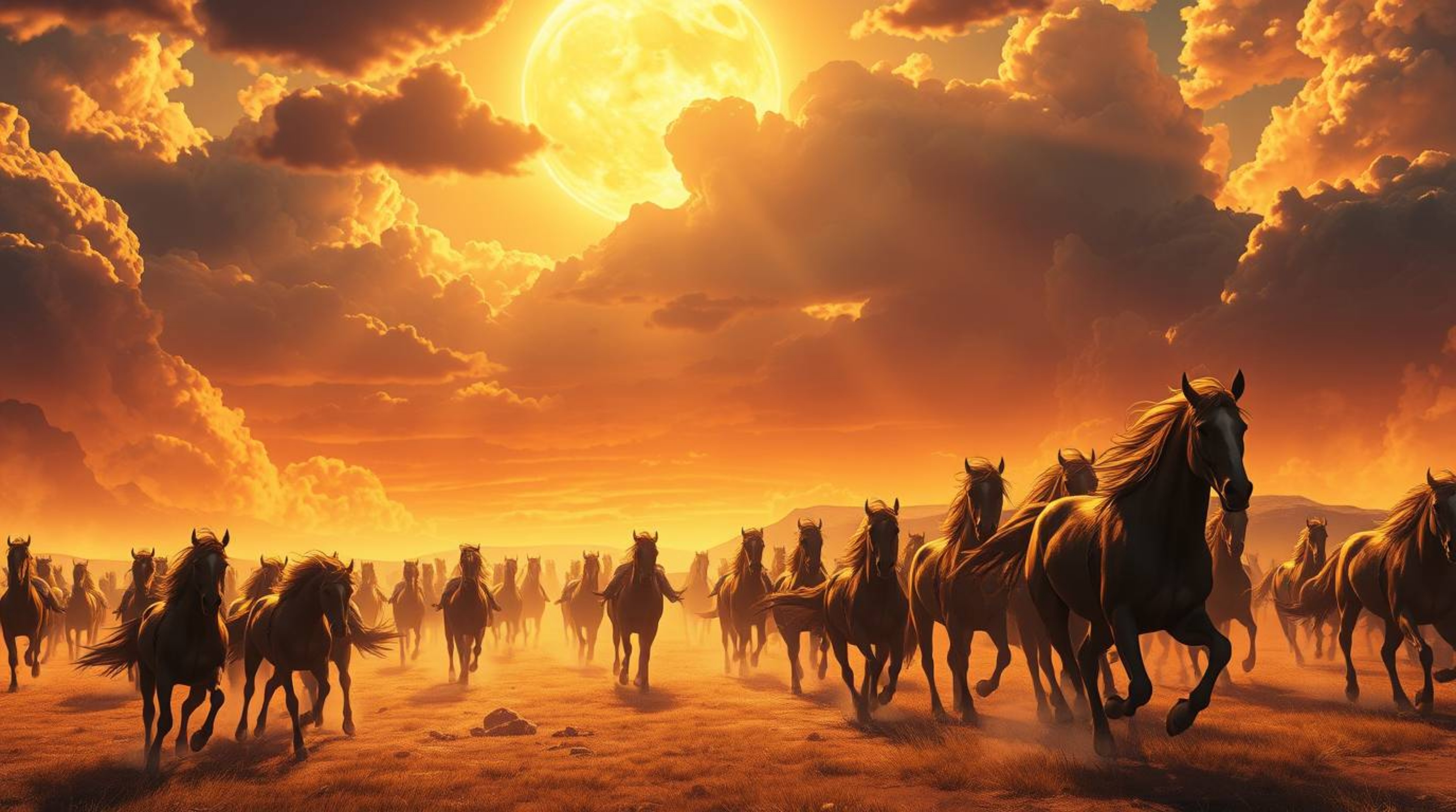Witness an epic and futuristic illustration showcasing a grand scene of a herd of wild horses galloping under a vibrant, glow