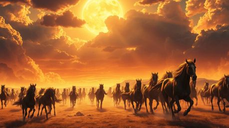 Witness an epic and futuristic illustration showcasing a grand scene of a herd of wild horses galloping under a vibrant, glow